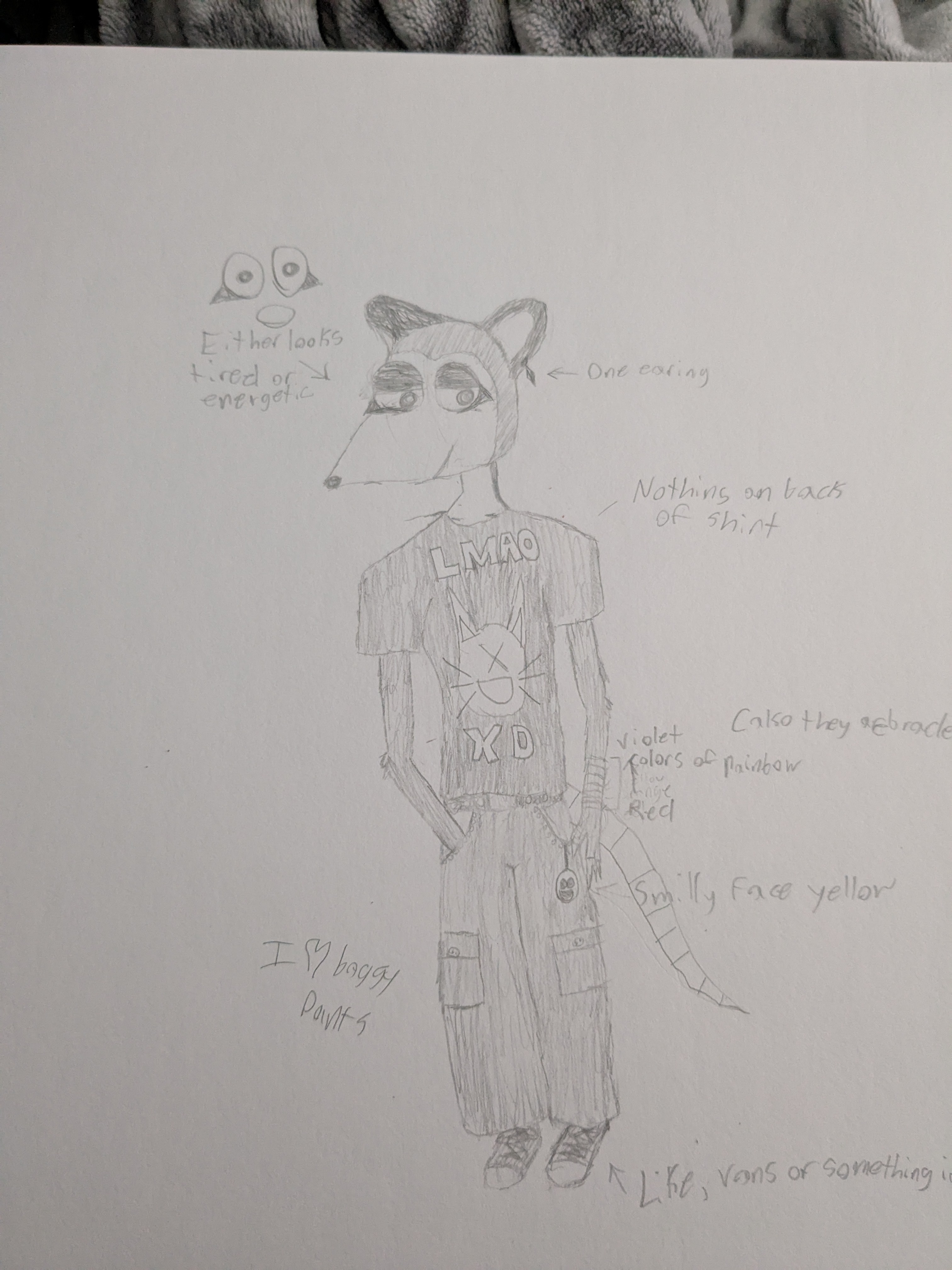 An opossum fursona drawn on paper with a pencil