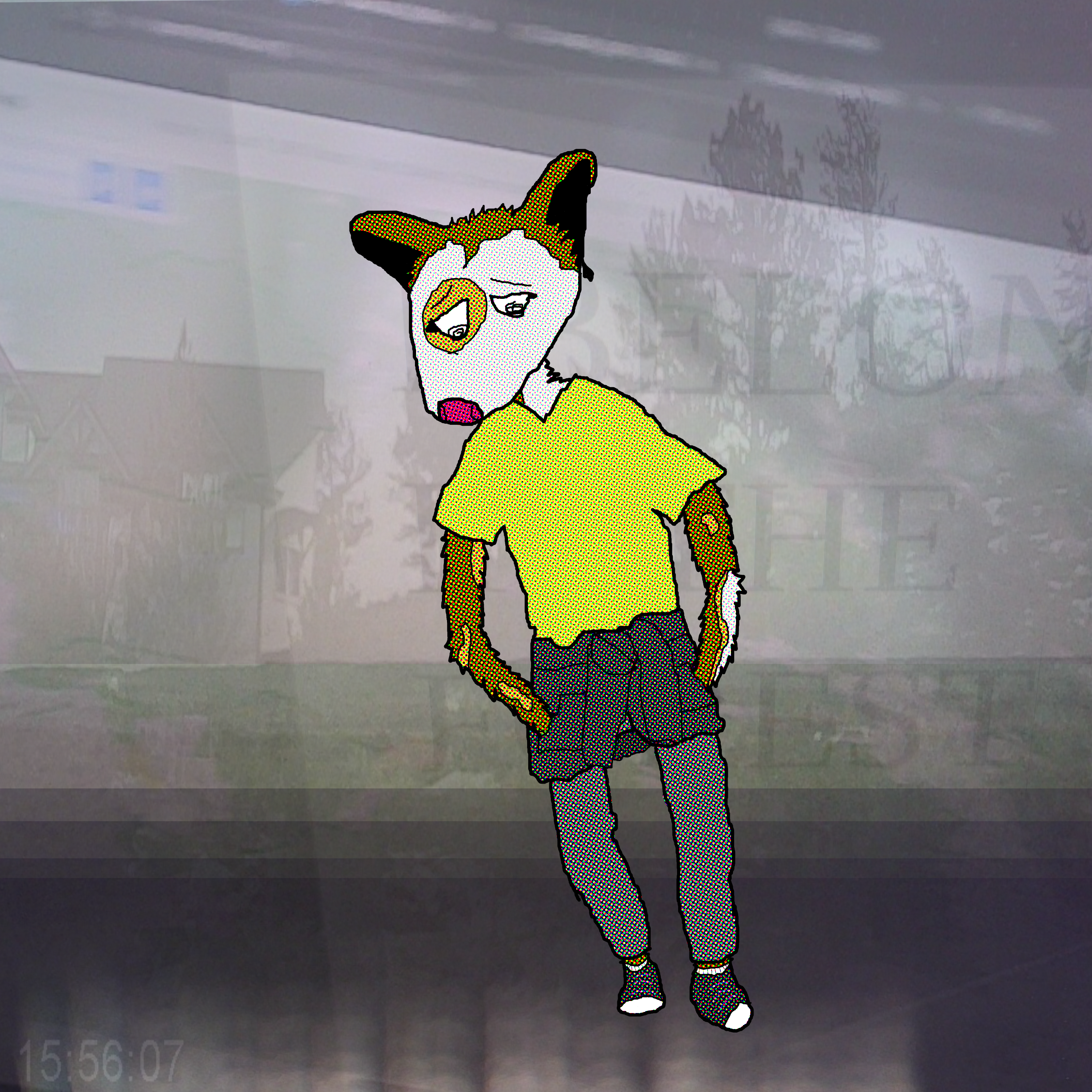 Calico opossum fursona with plain yellow t-shirt, jacket on waist, and grey pants. Background is a collage of images of forestly and computer screens either showing a map or having the text I belong in the forest on them